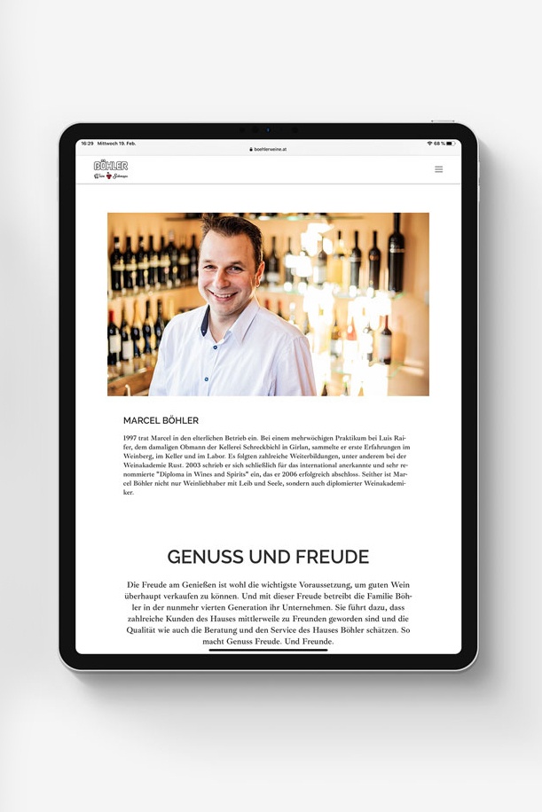Digitales Marketing – Böhler Weine – Website auf Tablet