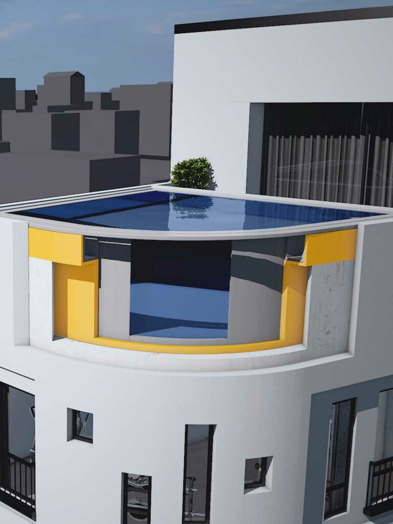 User Experience Design – Interaktive Unternehmenspräsentation – 3D-Modell eines Rooftop-Pools