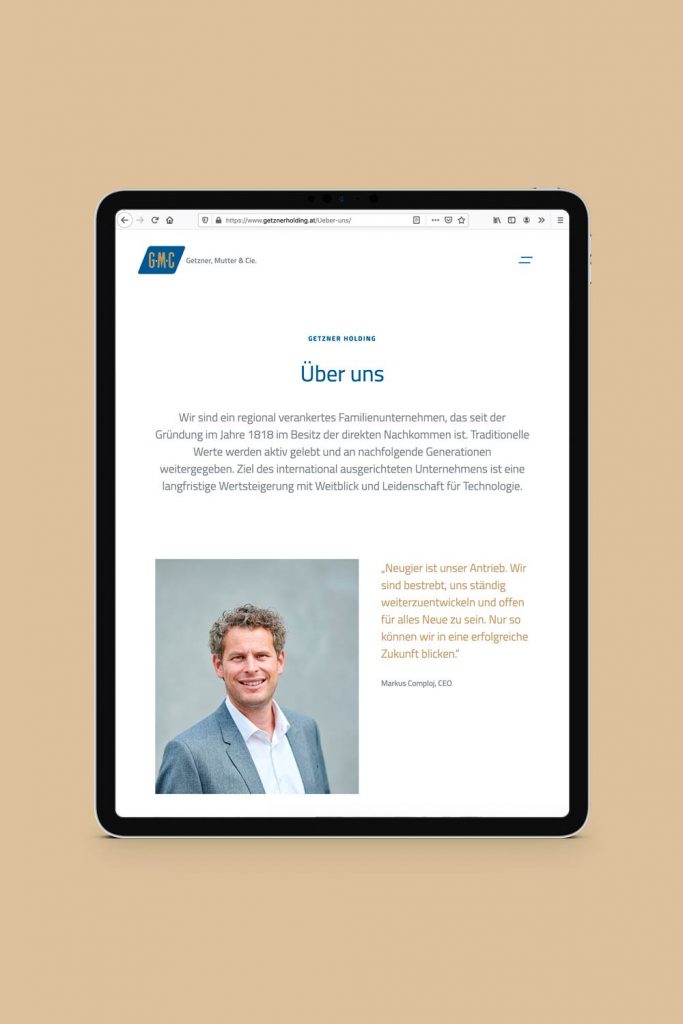 Getzner, Mutter & Cie – Website – Seite Über Uns - Auf Tablet